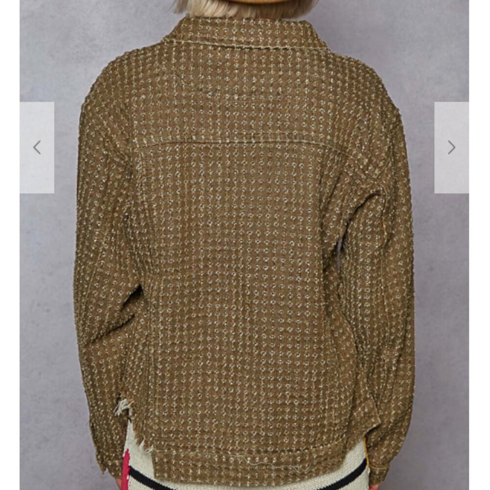 229.Jacket top in textured twill with front pockets, metal button down,raw edge - Picture 4 of 4